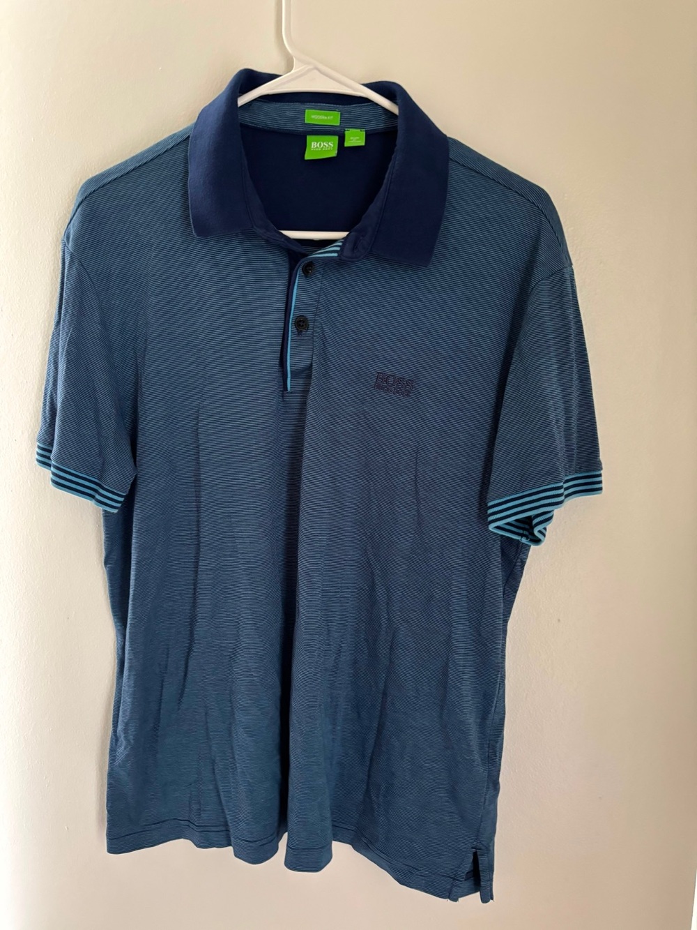 Boss Men's Blue Polo with Contrast Navy Collar and Light Blue Trim